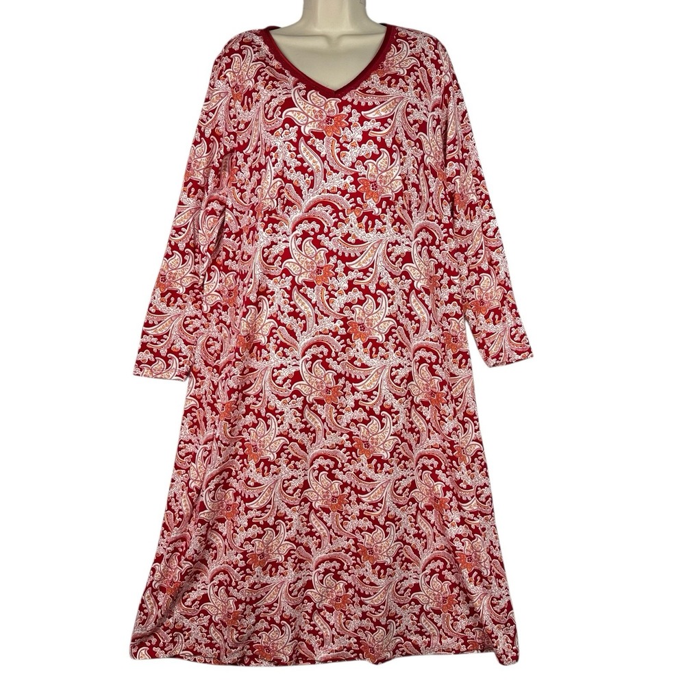 Lands End Paisley Maxi Dress Women Plus 14W Supima Cotton Red V Neck Long Sleeve
